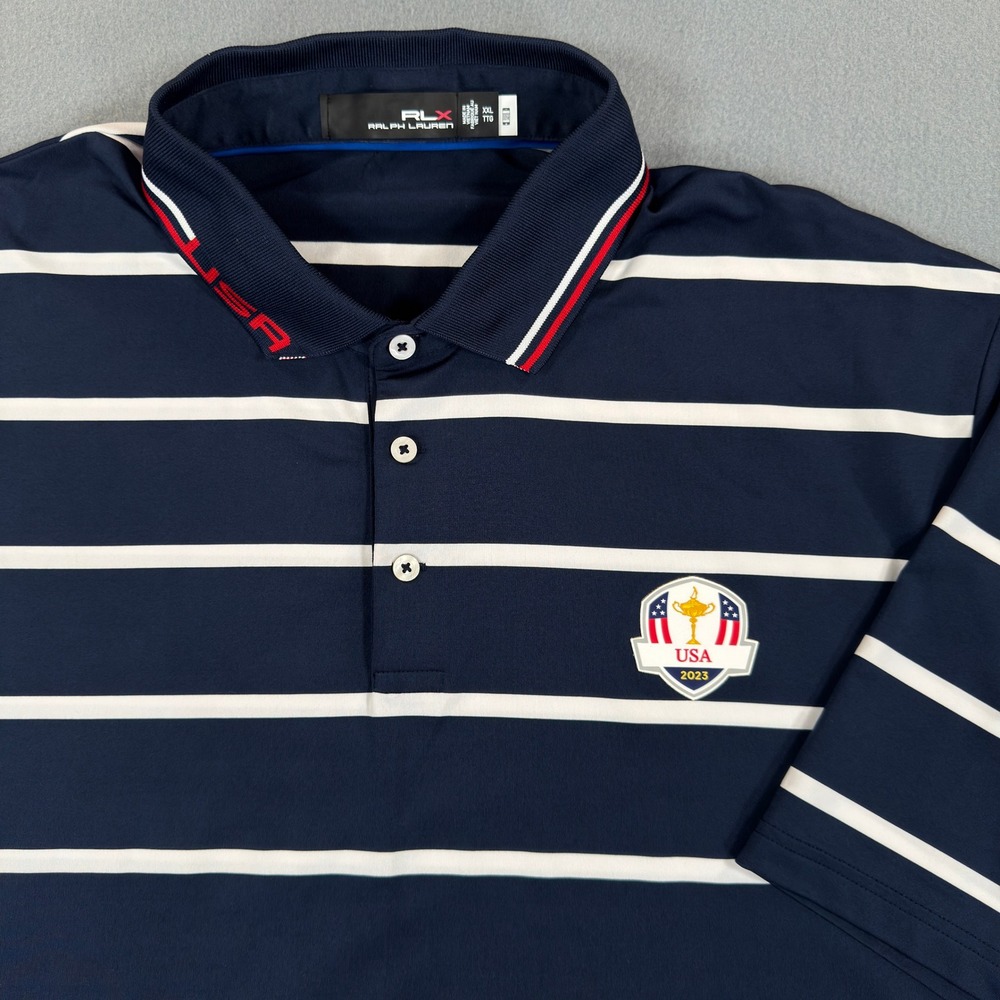 RLX Ralph Lauren Ryder Cup 2023 USA Team Polo Shirt Navy Blue Striped XXL